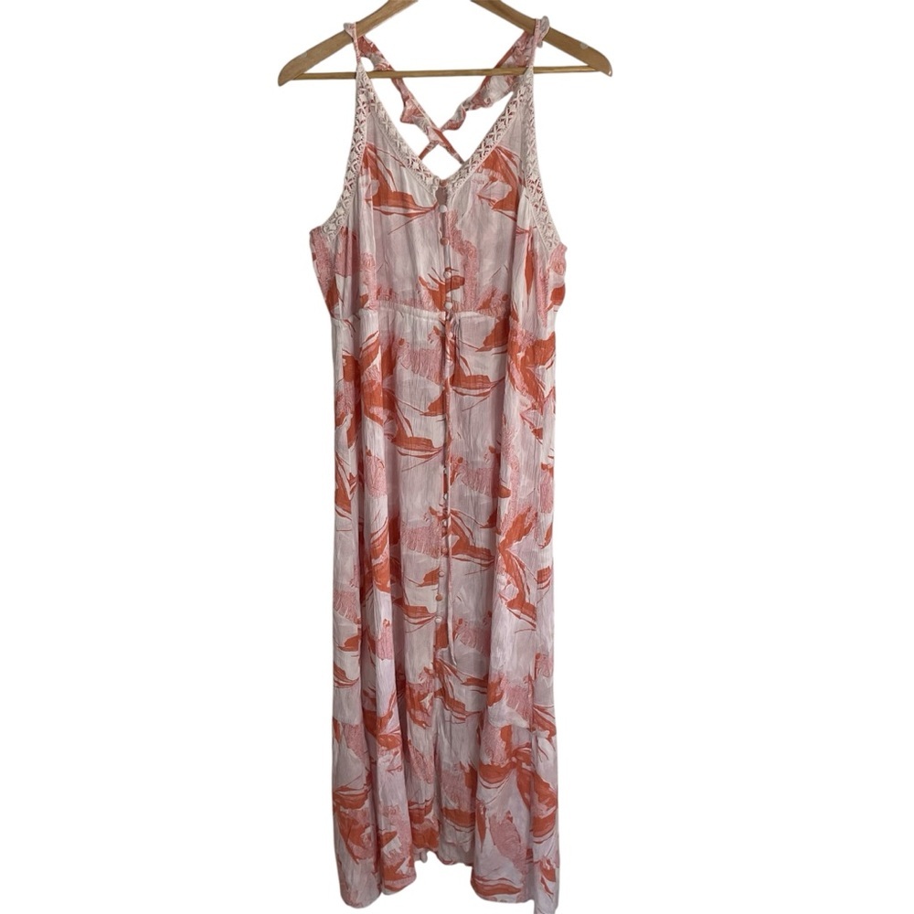 Roxy Coral & White Hot Summer Lands Ruffle Maxi Dress Size Large Boho Breezy